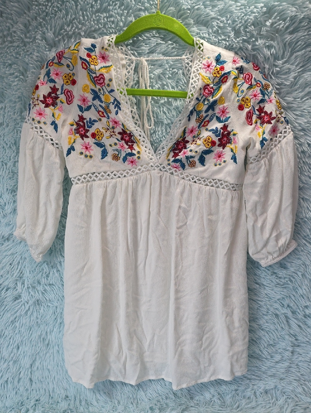SHEIN Whiteβ Embroidered Floral Boho Peasant Tunic Top XS